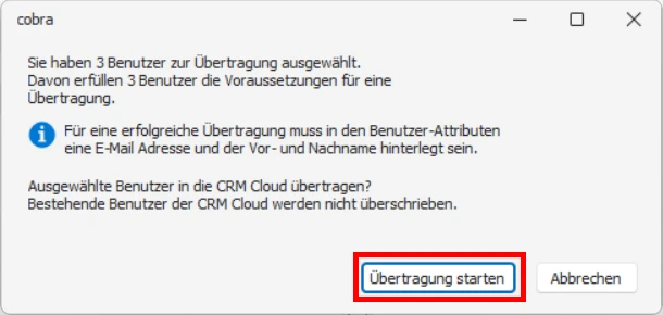 CRM Cloud cobra One Cloud Benutzer uebertragen Bestaetigung