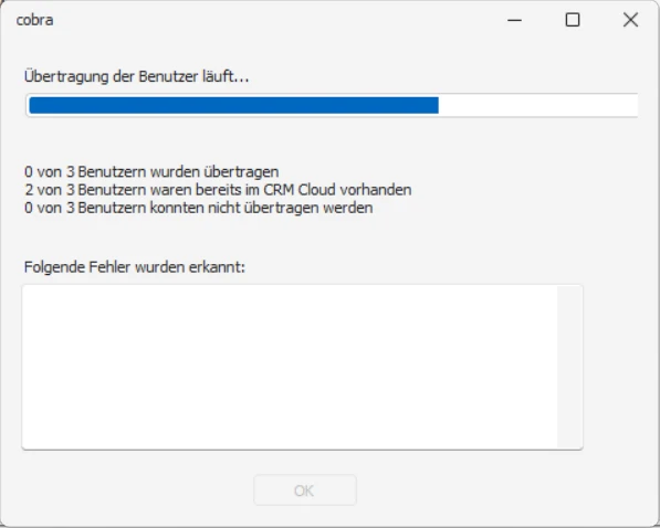CRM Cloud cobra One Cloud Benutzer uebertragen Fortschritt