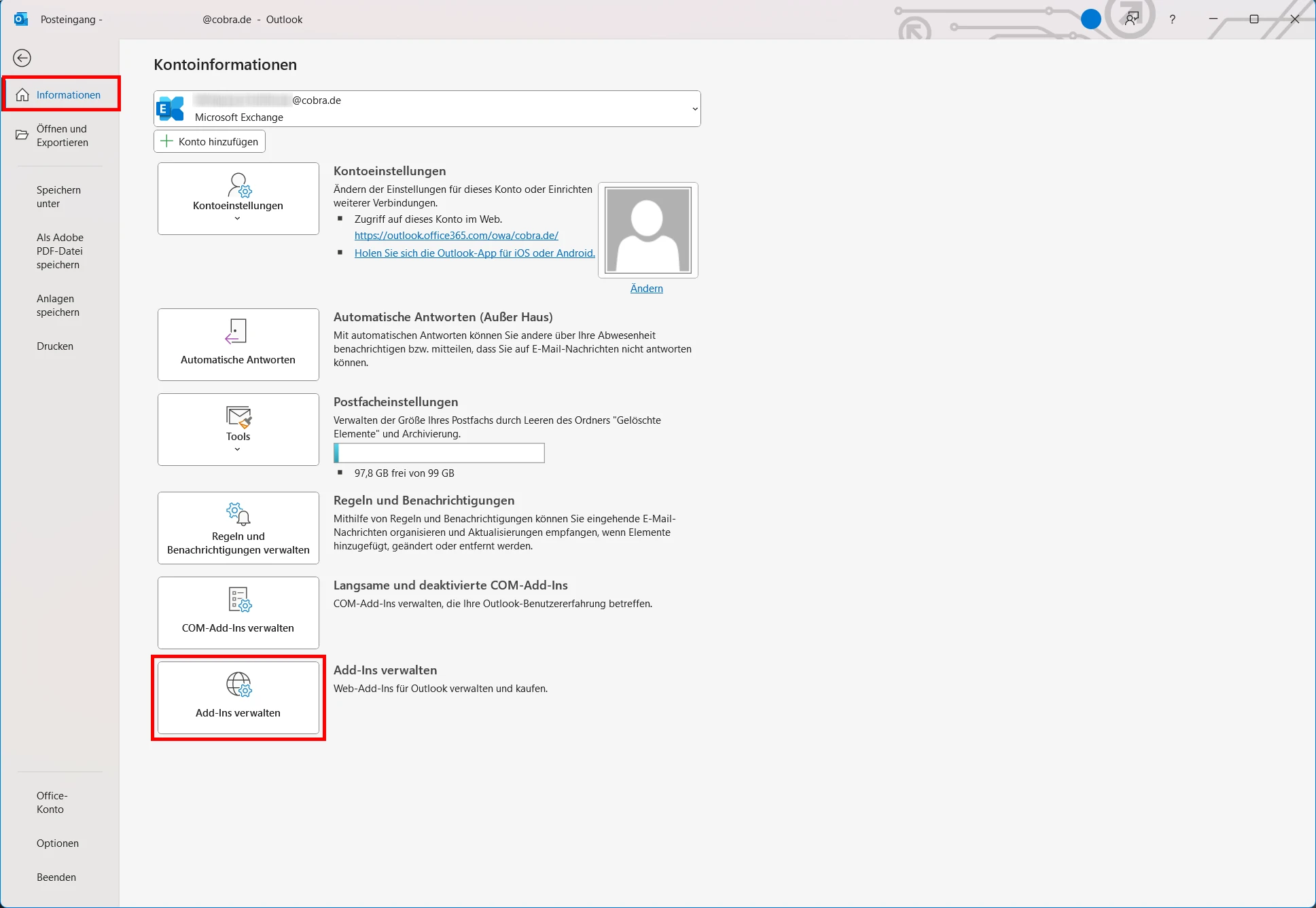 cobra Outlook Add-In Add-Ins verwalten