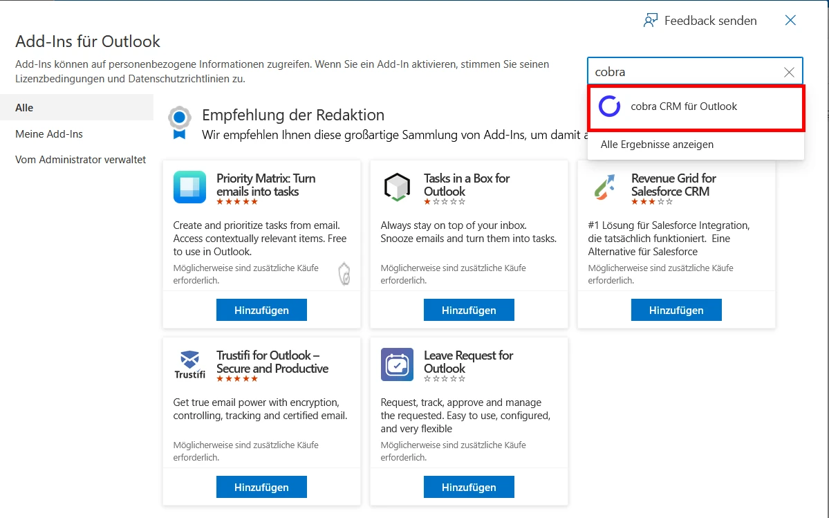 cobra Outlook Add-In Web Add-Ins hinzufügen