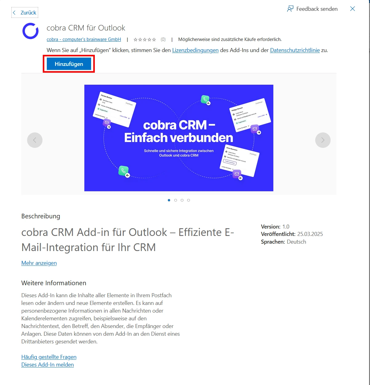 cobra Outlook Add-In Web cobra Outlook Add-In hinzufügen