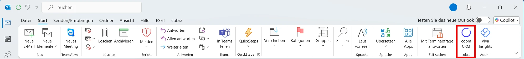 cobra Outlook Add-In Direktverbindung Menueleiste