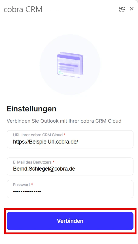 cobra Outlook Add-In Einstellungen CRM Cloud Cloud Verbinden