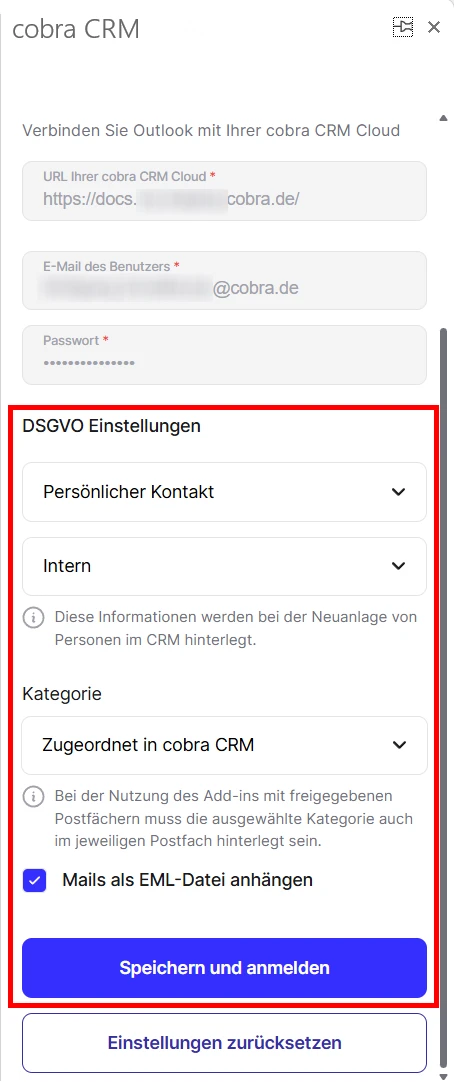 cobra Outlook Add-In Einstellungen CRM Cloud Cloud DSGVO Zuordnen EML Anhang