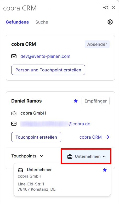 cobra Outlook Add-In Benutzen CRM Cloud Cloud Person Touchpoint Unternehmen