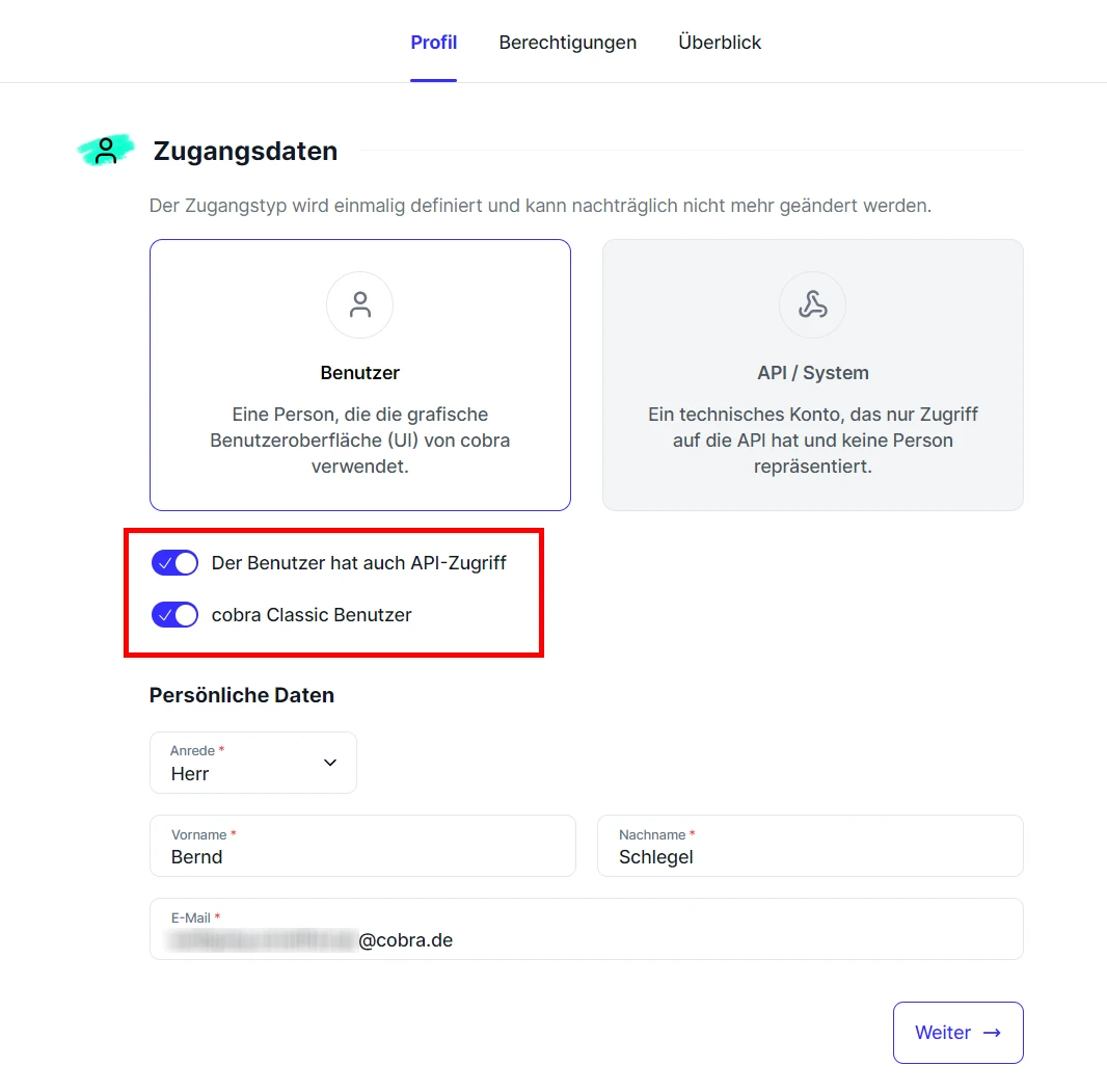 People Benutzer Verwalten Profil API-Zugriff cobra Classic Benutzer