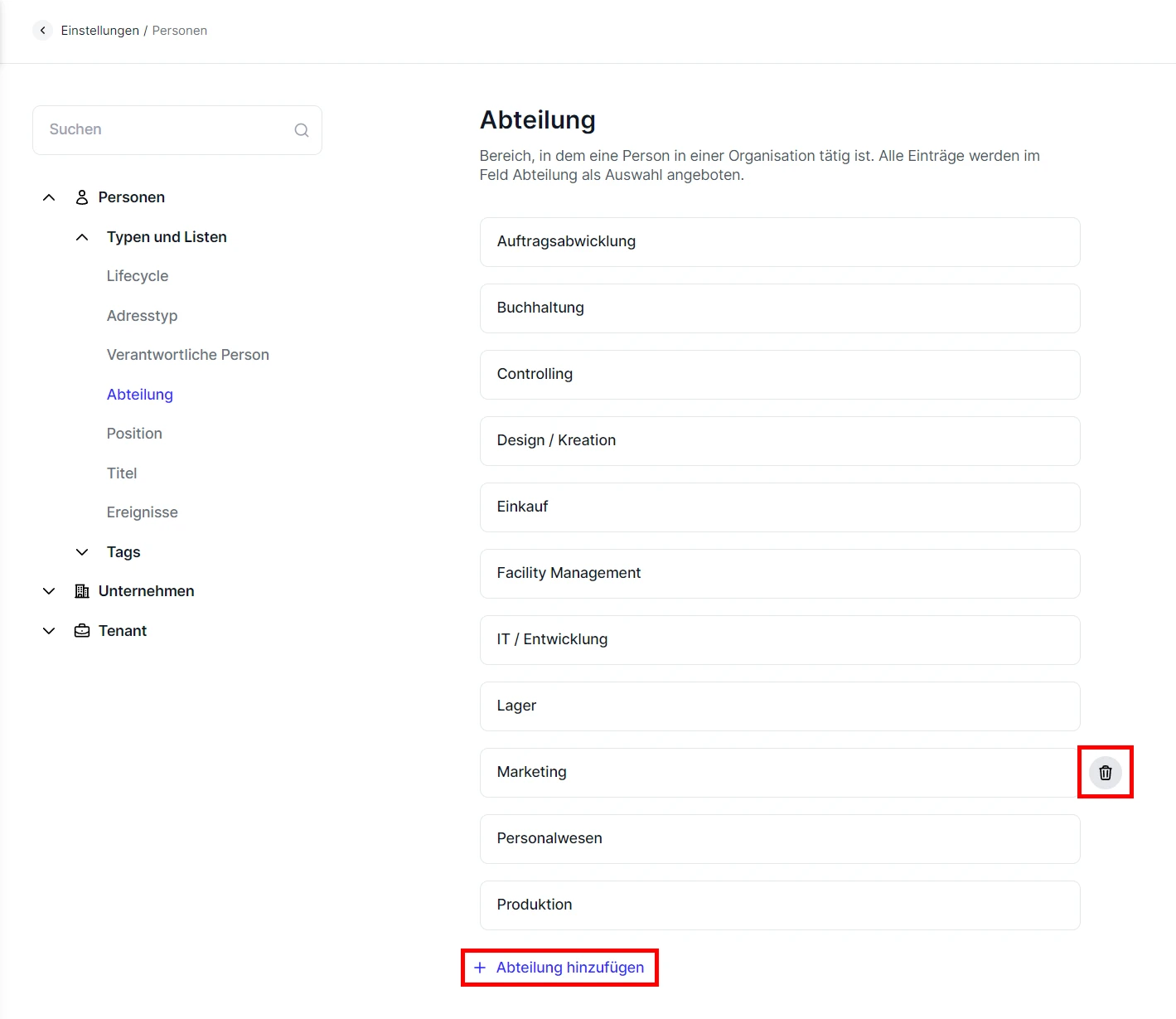 People Unternehmen Allgemeine Einstellungen Kategorien editieren loeschen