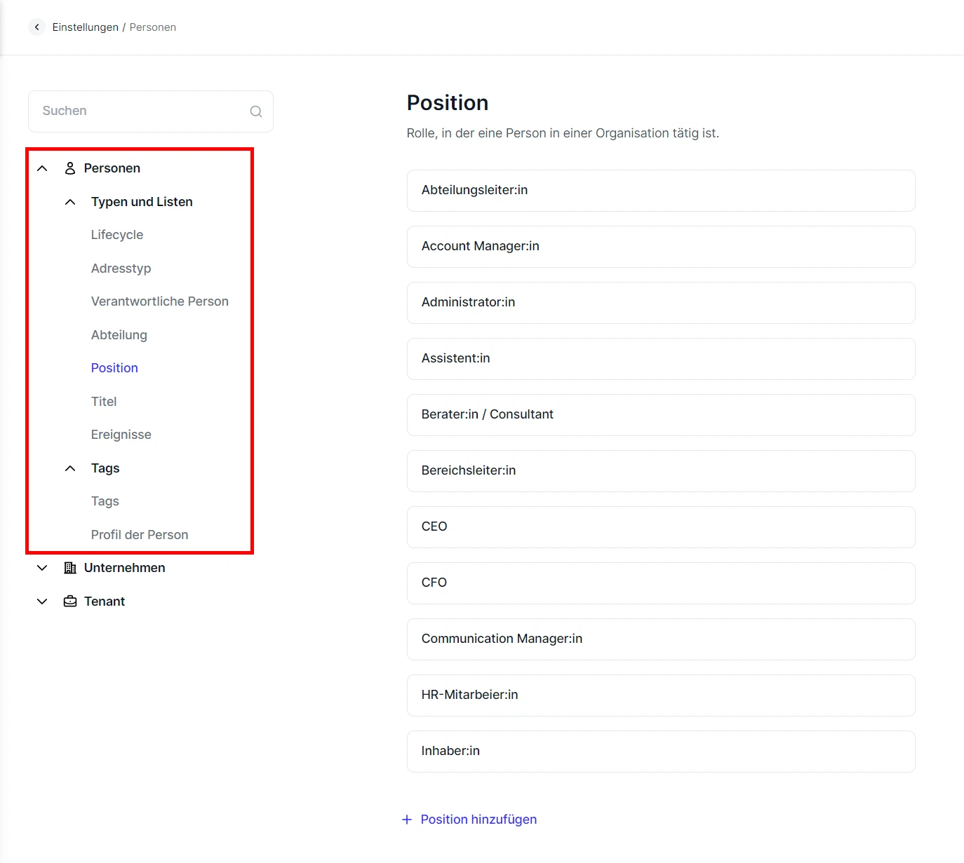 People Allgemeine Einstellungen Kategorien