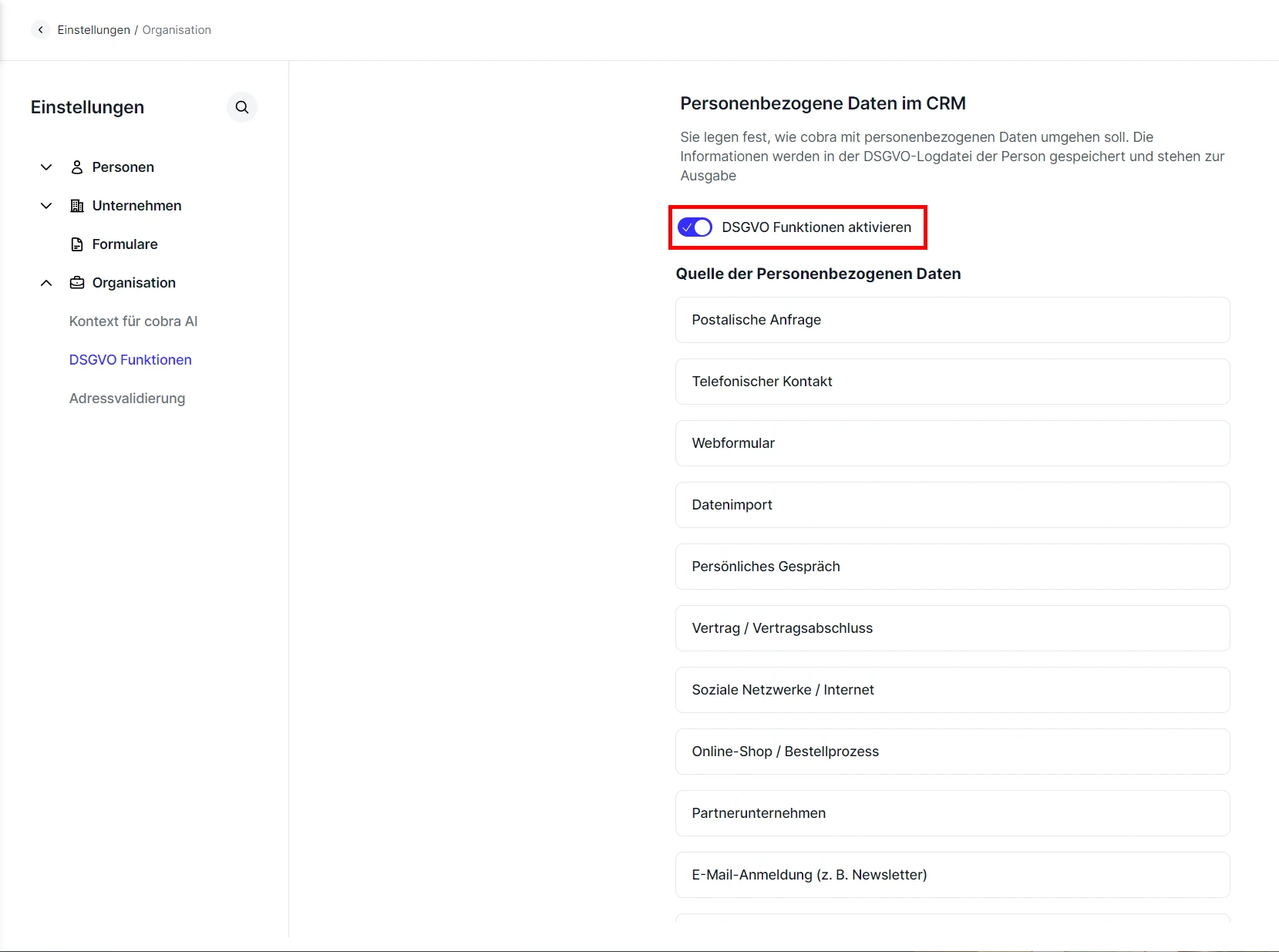 People Organisation DSGVO Funktionen aktivieren