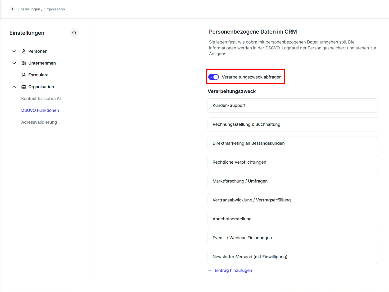 People Organisation DSGVO Funktionen Verarbeitungszweck abfragen