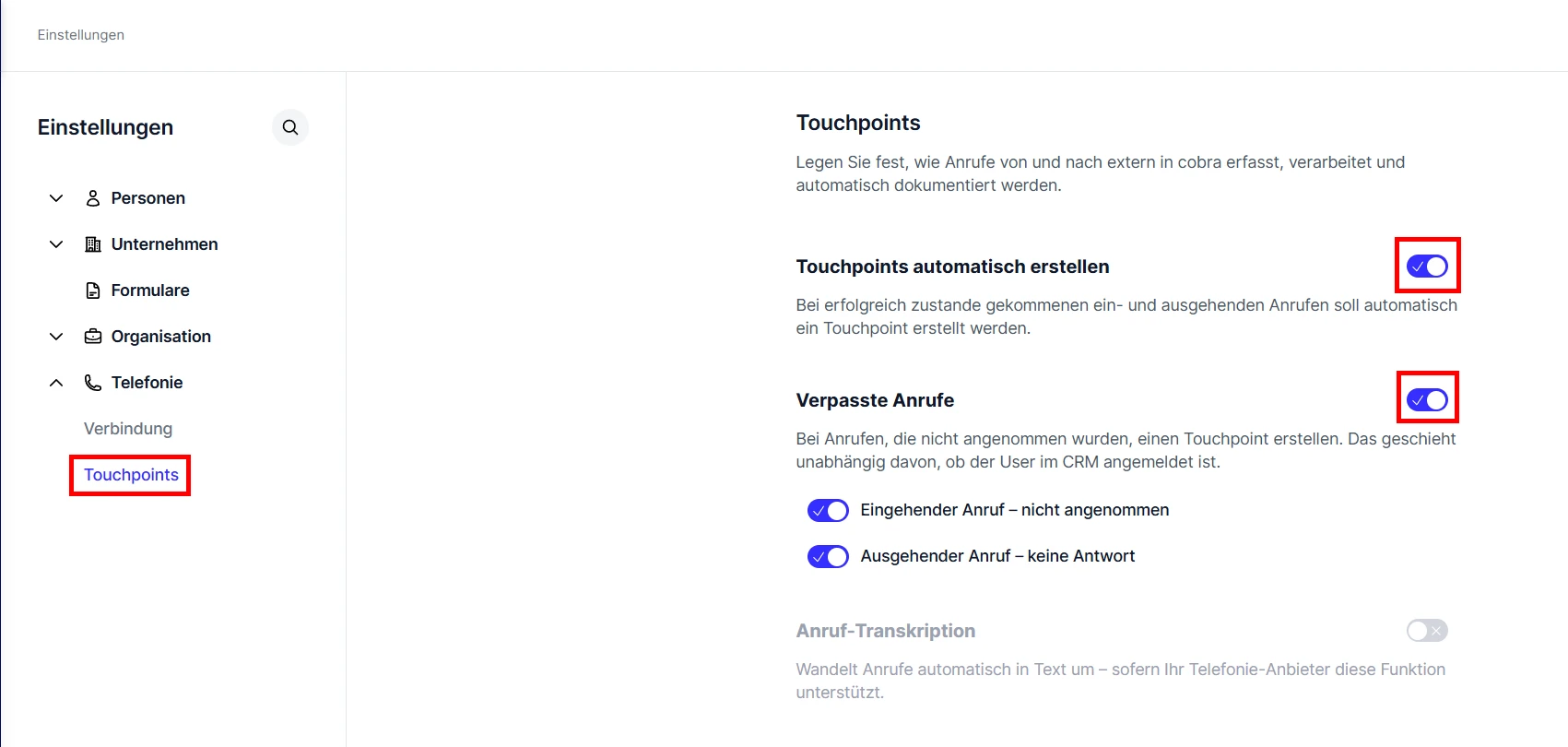 People Einstellungen Telefonie Touchpoints