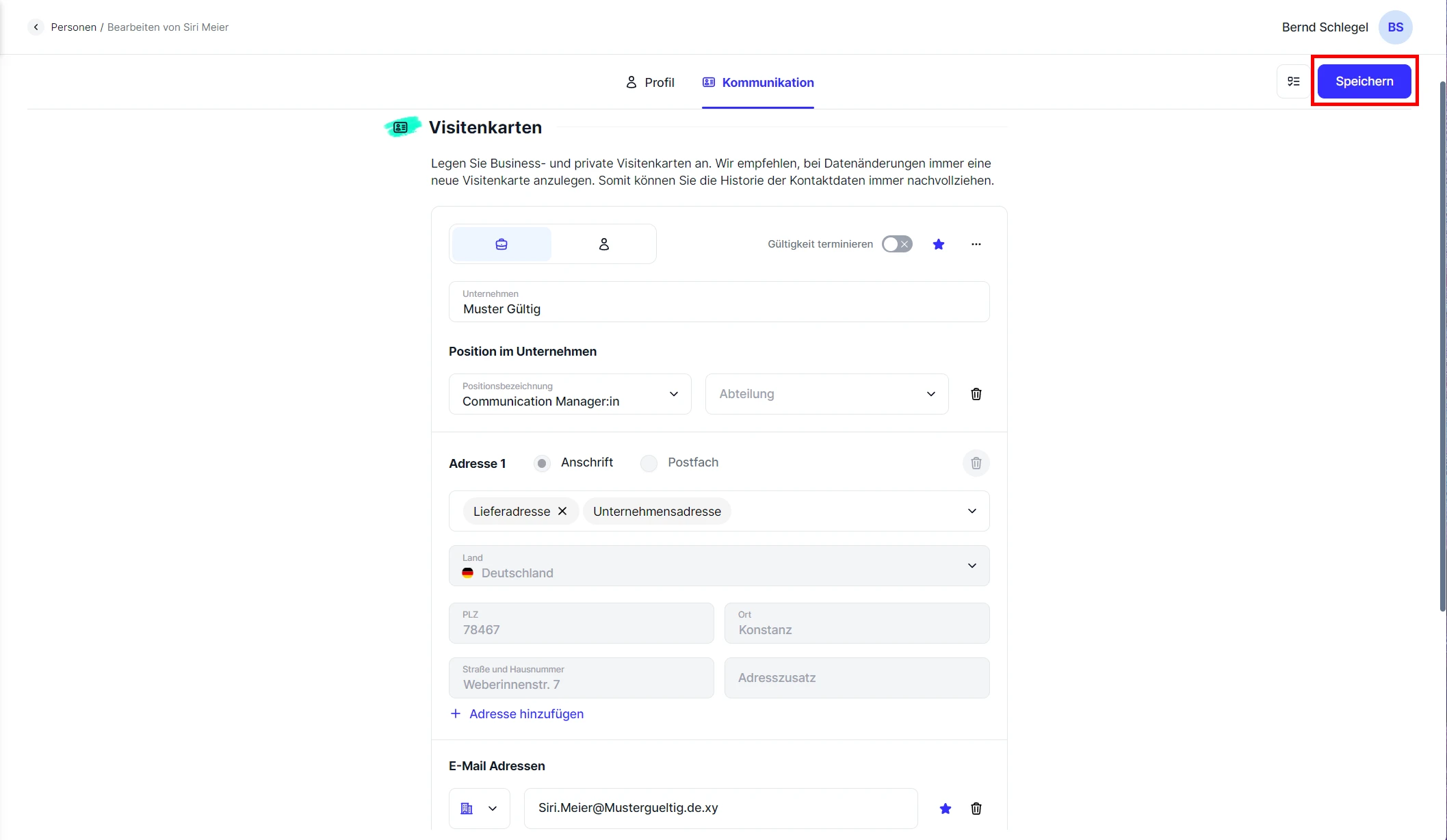 People neue Person Detailformular Kommunikation