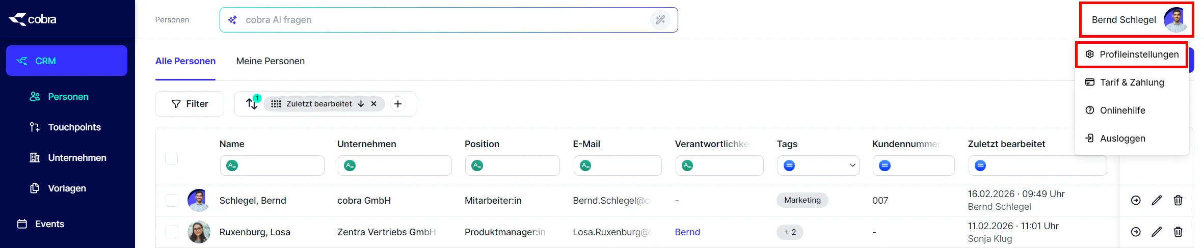 cobra CRM Cloud Profileinstellungen
