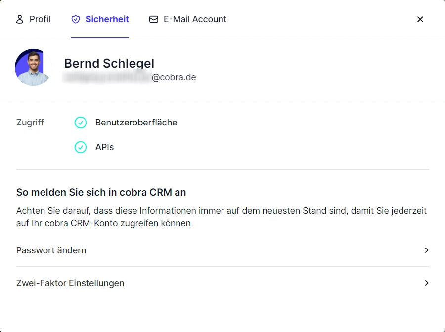 cobra CRM Cloud Profileinstellungen Sicherheit