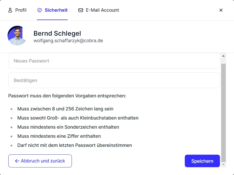 cobra CRM Cloud Profileinstellungen Sicherheit Passwort aendern