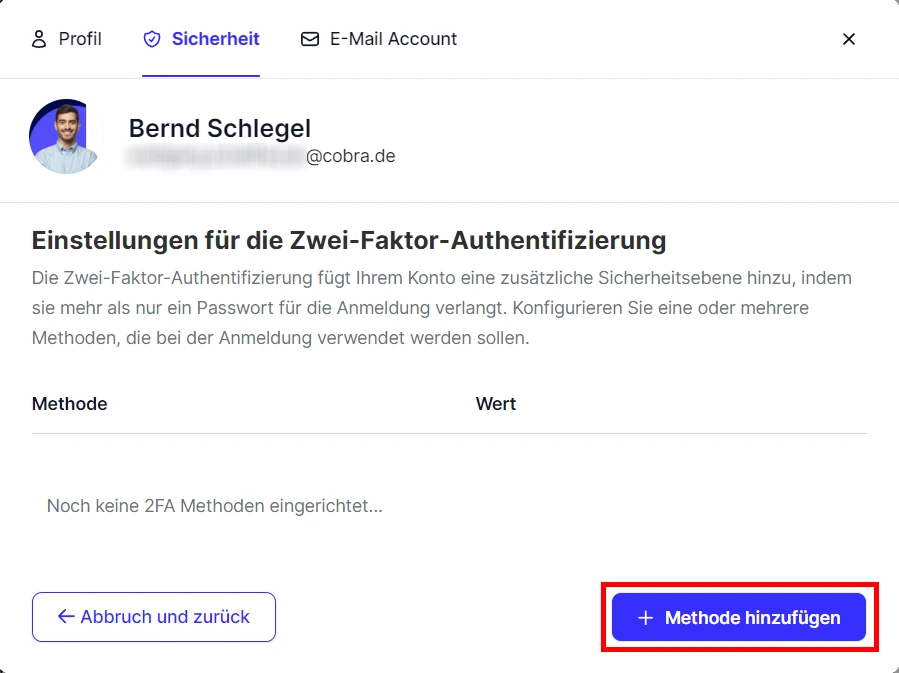 cobra CRM Cloud Profileinstellungen Sicherheit Zwei-Faktor Einstellungen Methode hinzufuegen
