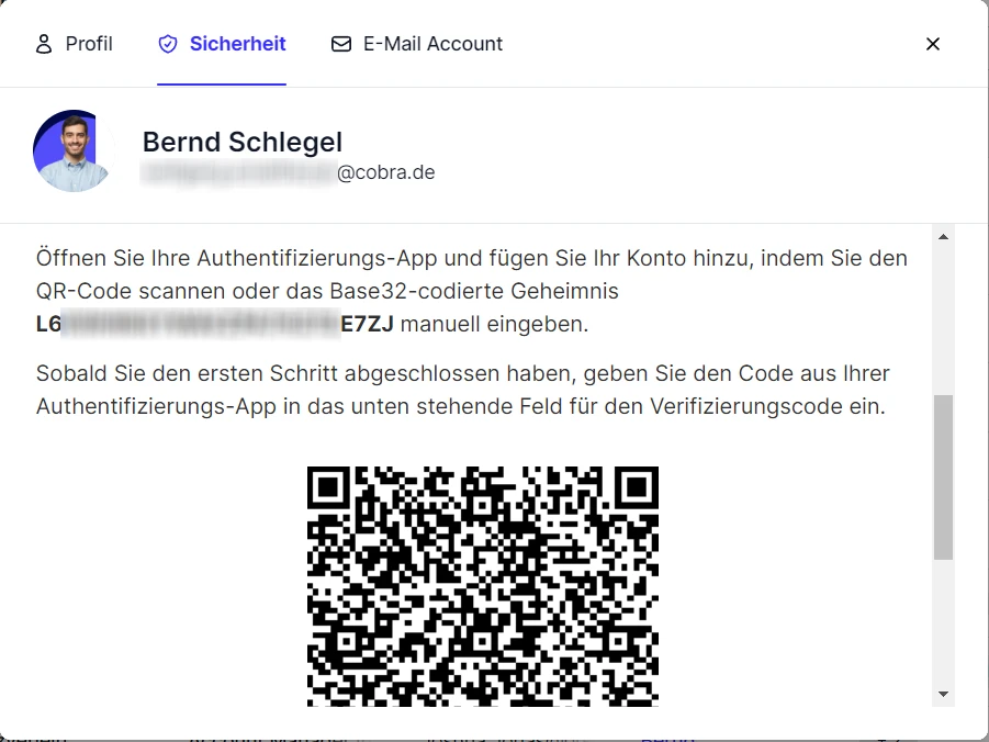 cobra CRM Cloud Profileinstellungen Sicherheit Zwei-Faktor Einstellungen Methode hinzufuegen Authenticator App QR