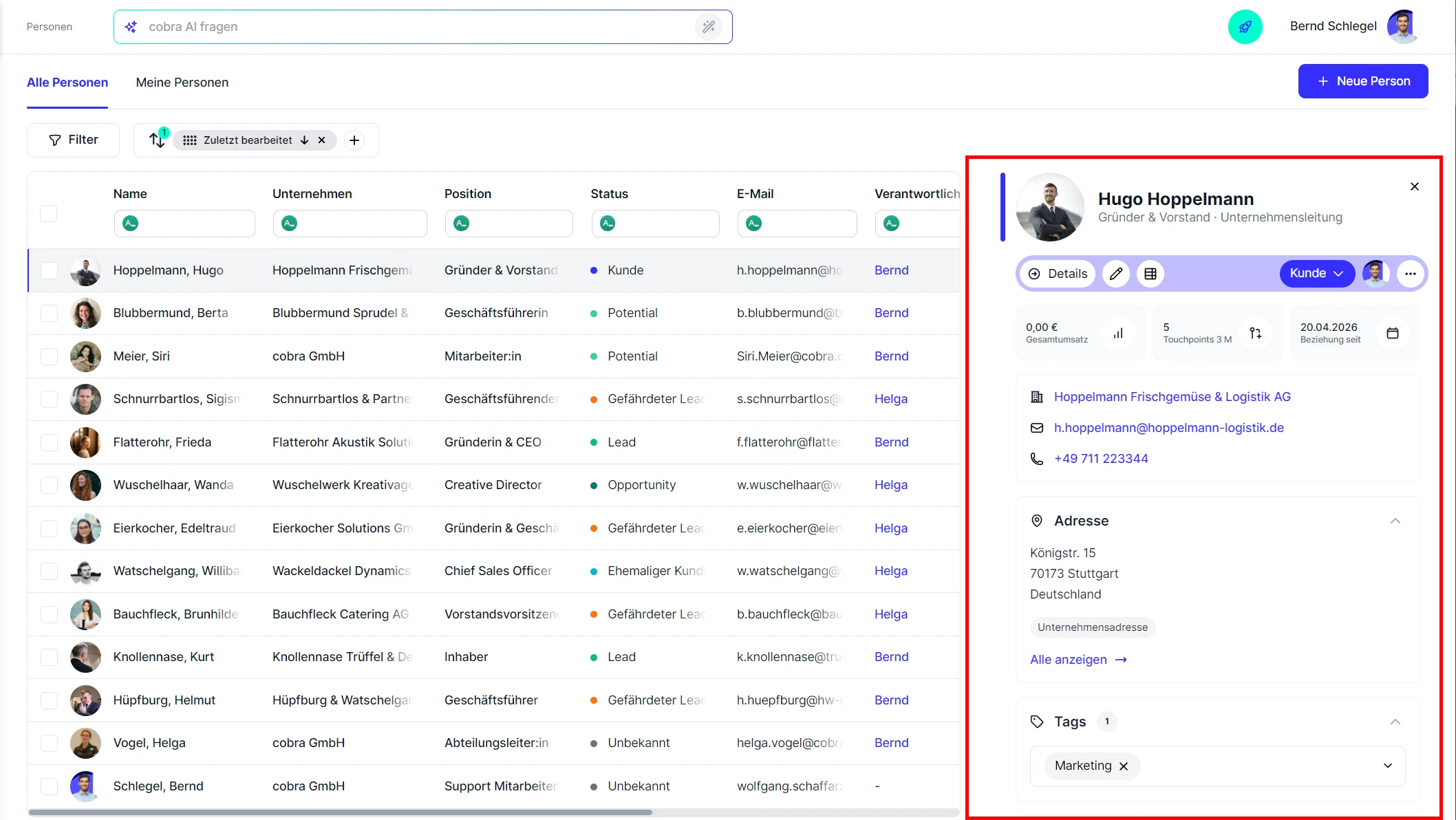 CRM Cloud Personen Schnellansicht