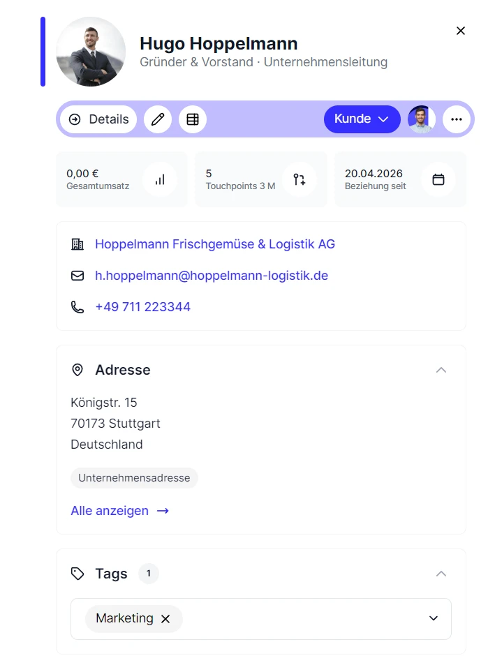 CRM Cloud Personen Schnellansicht Kontakt Status Tags