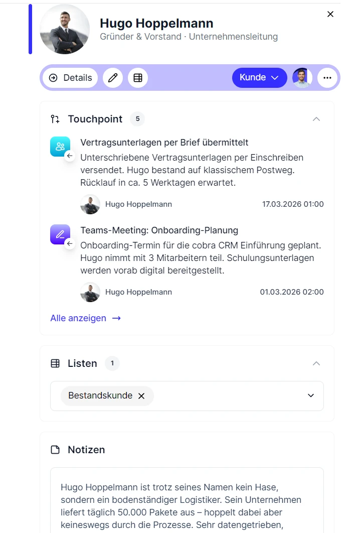 CRM Cloud Personen Schnellansicht Touchpoints Listen Notizen