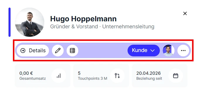 CRM Cloud Personen Schnellansicht Funktionsleiste