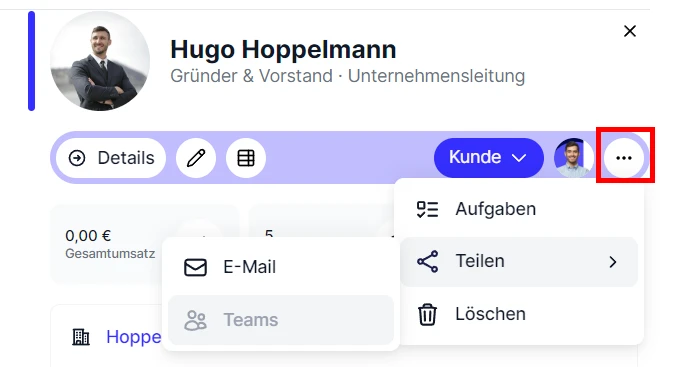 CRM Cloud Personen Schnellansicht Funktionsleiste Zusatzfunktionen