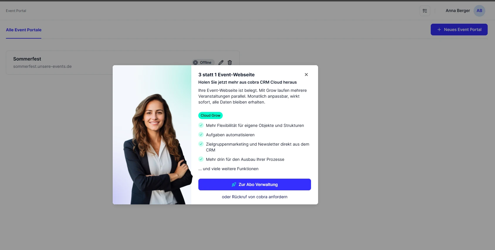 CRM Cloud Tarif Limit erreicht Dialog Event-Webseite