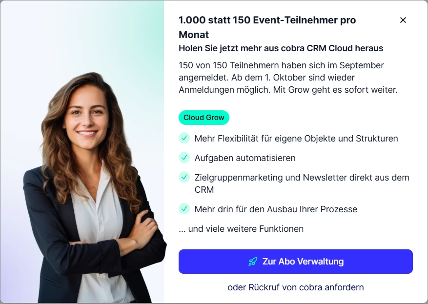 CRM Cloud Tarif Monatskontingent aufgebraucht Dialog