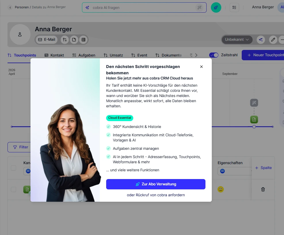 CRM Cloud Tarif Funktion nicht enthalten Dialog Naechster empfohlener Touchpoint