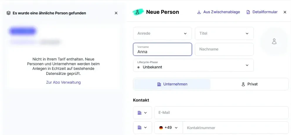 CRM Cloud Tarif Dublettenpruefung Person eingeschraenkt