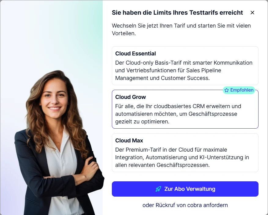 CRM Cloud Testtarif Limits erreicht Dialog