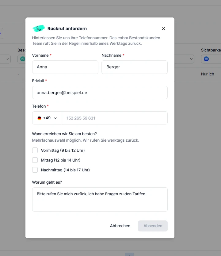 CRM Cloud Tarif Rueckruf anfordern Formular