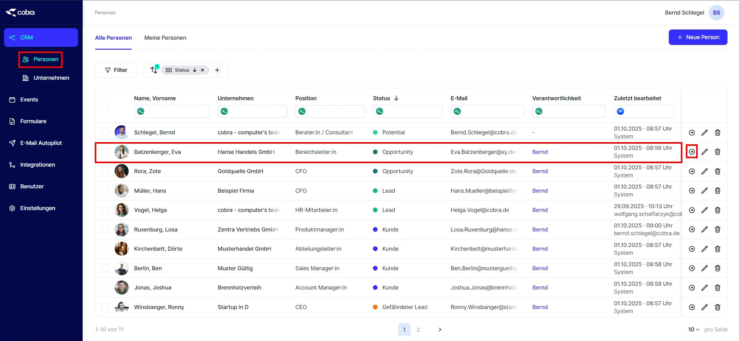 People Touchpoints erstellen Person auswaehlen