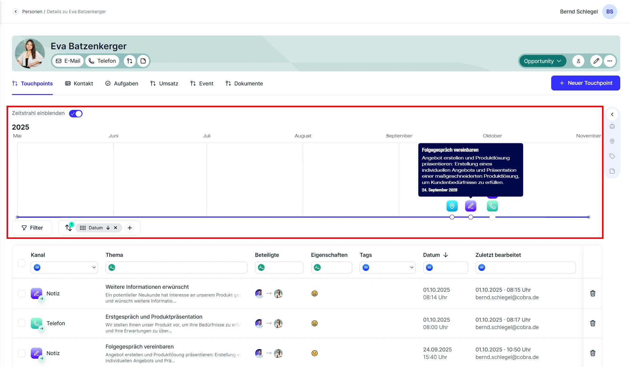 People Touchpoints erstellen neuer Touchpoint angelegt Zeitstrahl