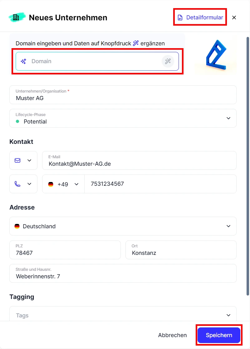 People Unternehmen neues Unternehmen anlegen Beispiel