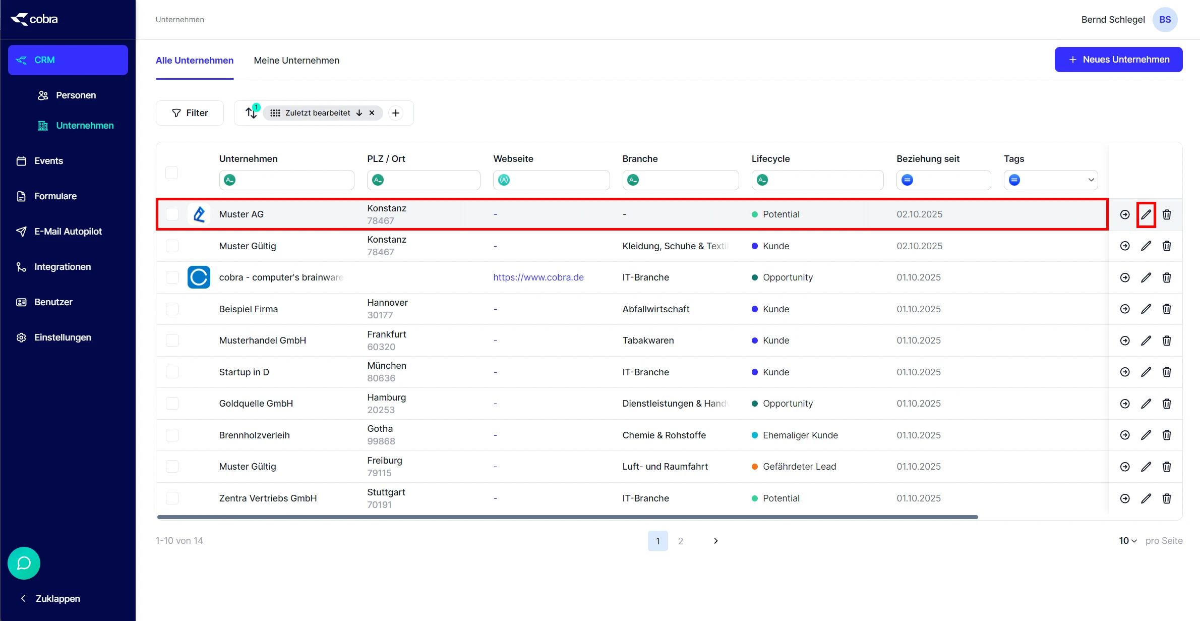 People Unternehmen Detailformular aufrufen