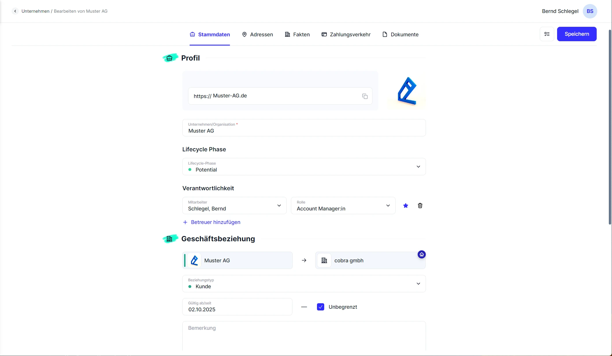 People Unternehmen Detailformular Stammdaten