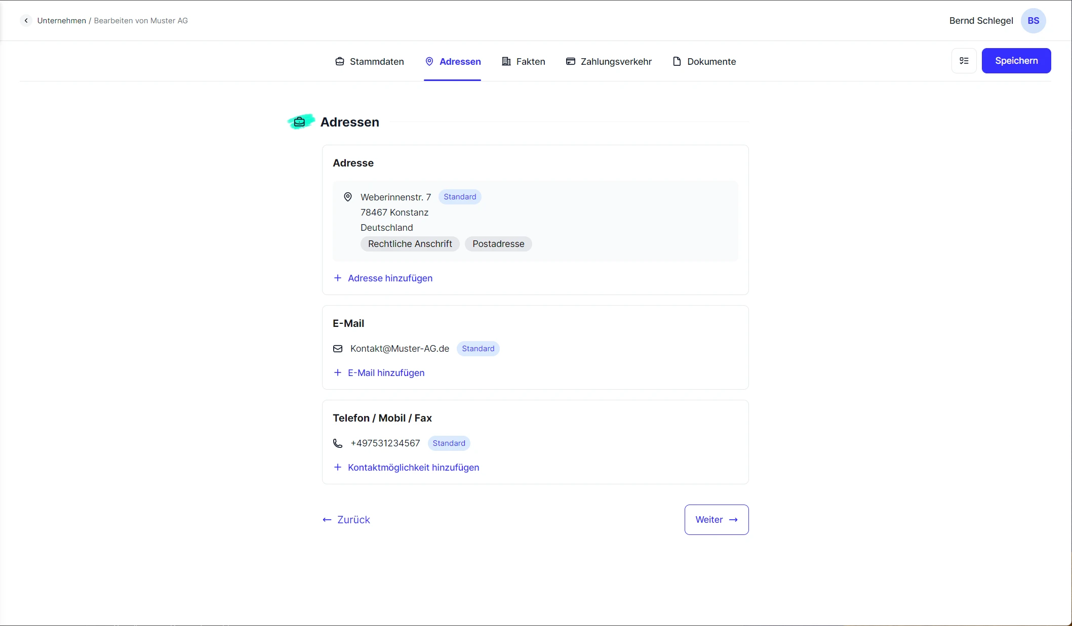 People Unternehmen Detailformular Adressen