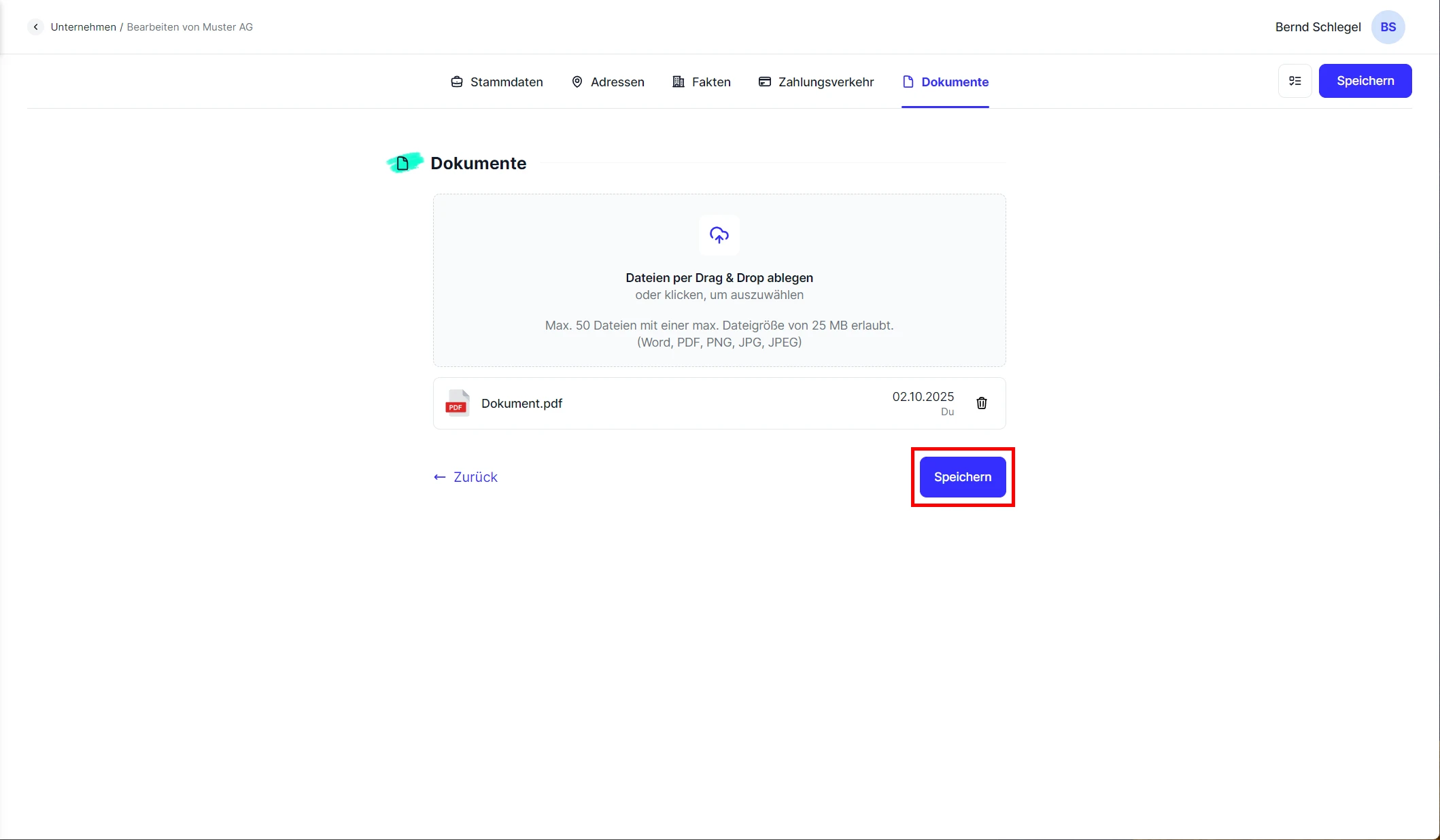 People Unternehmen Detailformular Dokumente