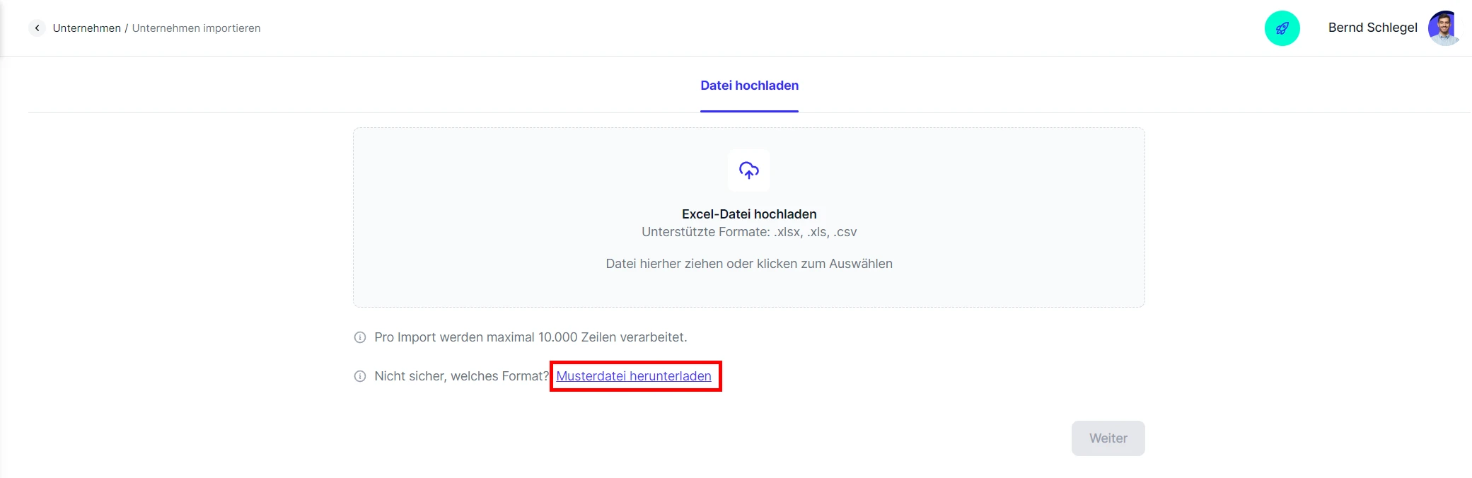 CRM Cloud Unternehmen Excel Import Seite Musterdatei