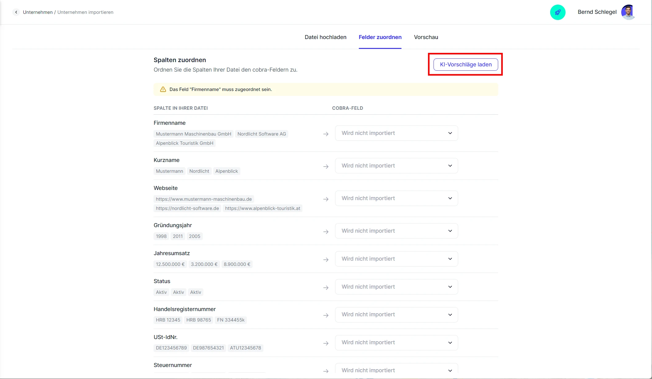 CRM Cloud Unternehmen Excel Import Felder zuordnen KI