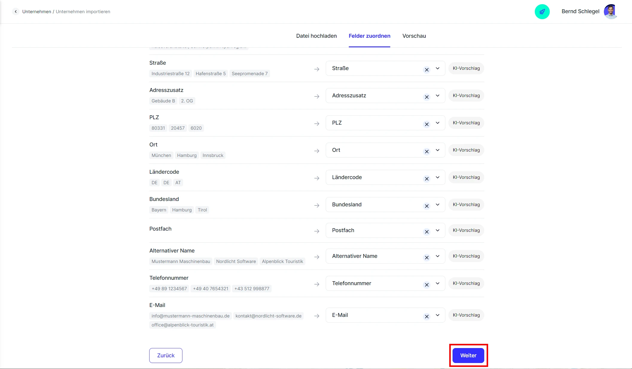 CRM Cloud Unternehmen Excel Import Felder KI pruefen
