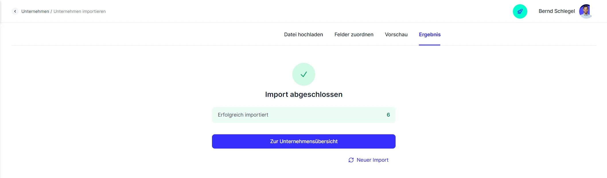 CRM Cloud Unternehmen Excel Import erfolgreich