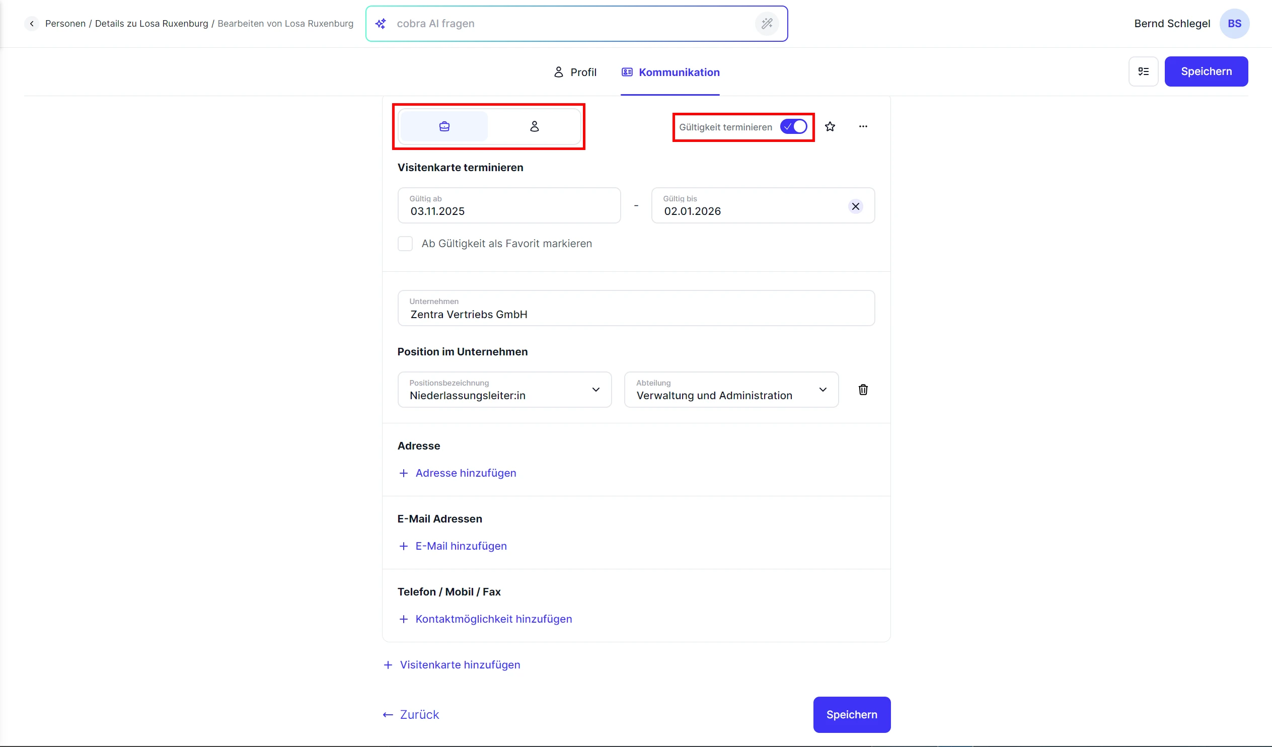 People Visitenkarte hinzufuegen