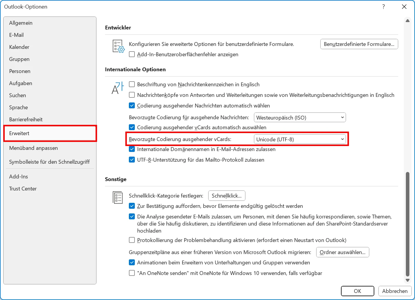 People Visitenkarte vcard Outlook UTF8 Optionen Codierung