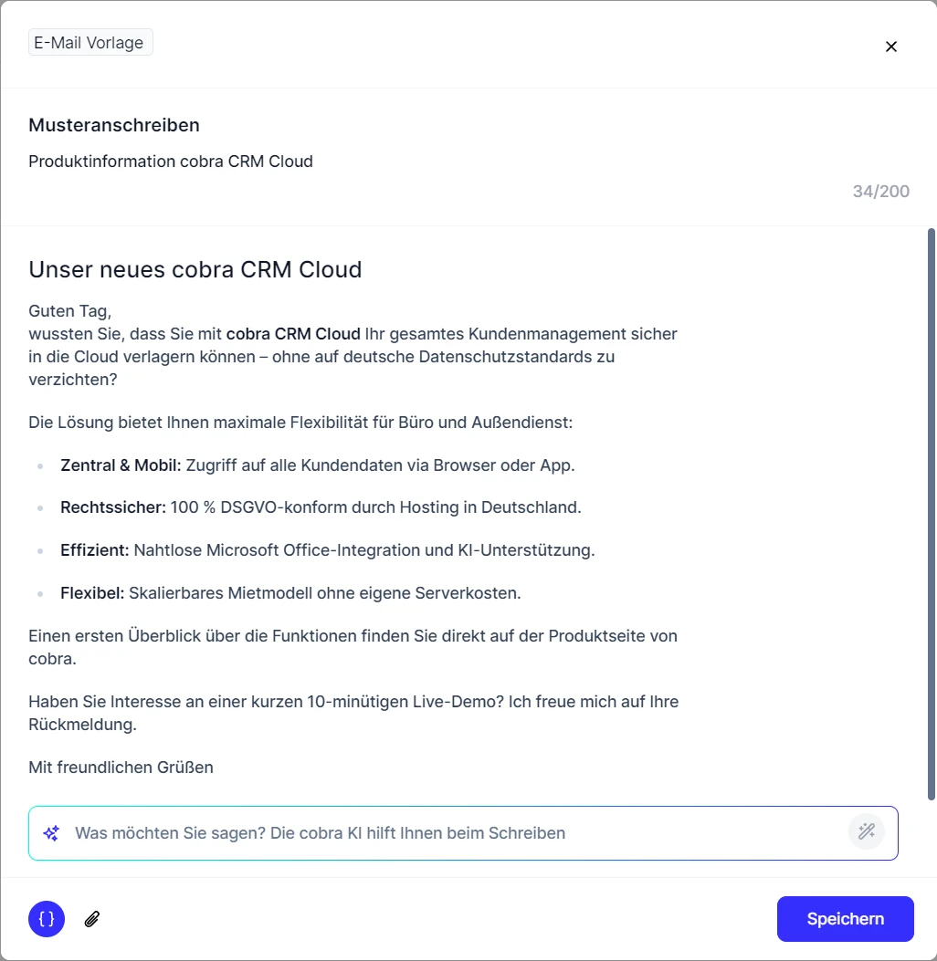 People E-Mail neue Vorlage Nachricht cobra AI Beispiel