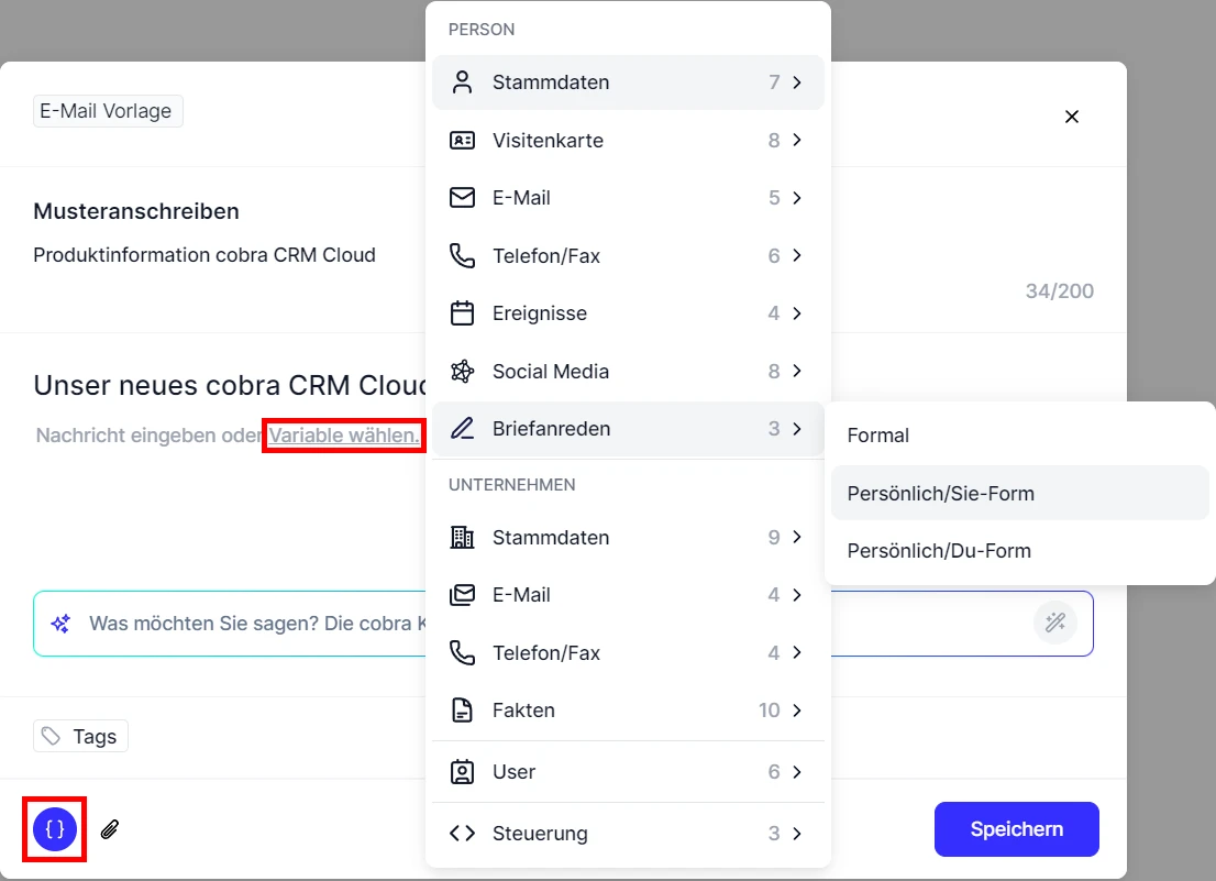 People E-Mail neue Vorlage Nachricht Variablen