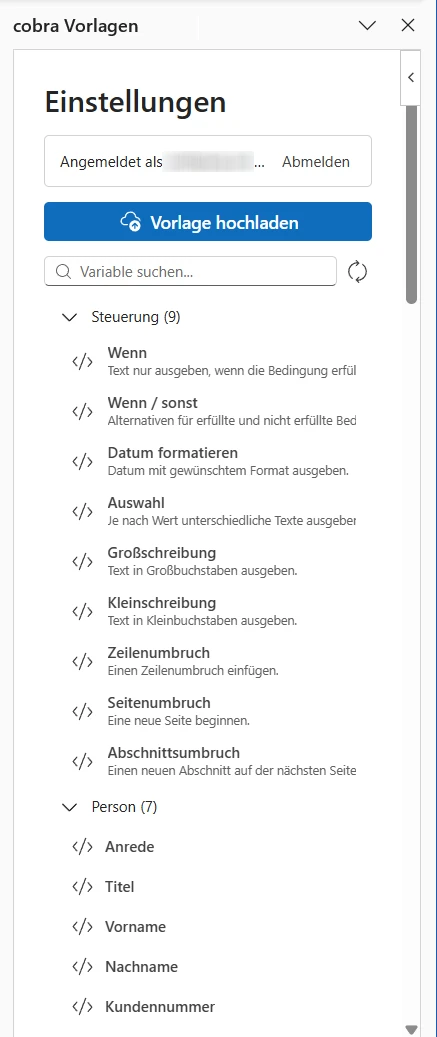 CRM Cloud Word Add-In Variablen Browser Angemeldet
