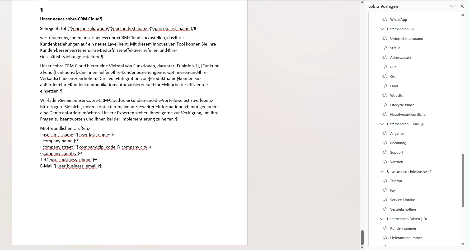 CRM Cloud Word Add-In Variablen Browser Vorlage erstellen