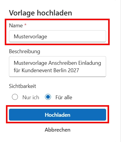 CRM Cloud Word Add-In Variablen Browser Vorlage hochladen Name Beschreibung